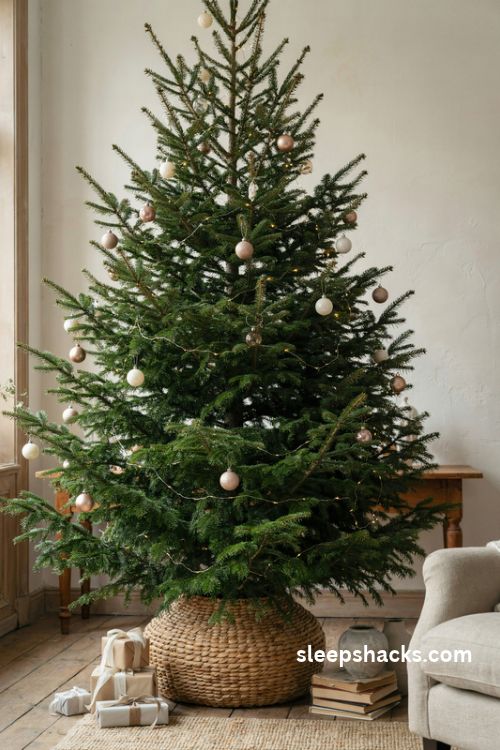 Designer christmas tree with woven seagrass collar and neutral wrapped gifts