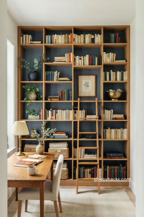 Designer styled home office shelves with blue and white books plants ceramics and ladder 