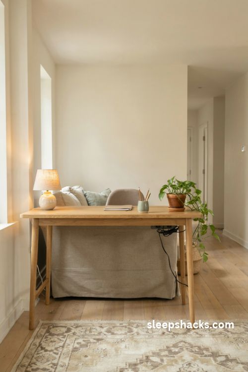 Desk behind the sofa home office layout with a slim console desk and cozy living room decor