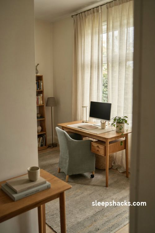 Desk perpendicular to the window home office layout with soft natural light and cozy neutral decor