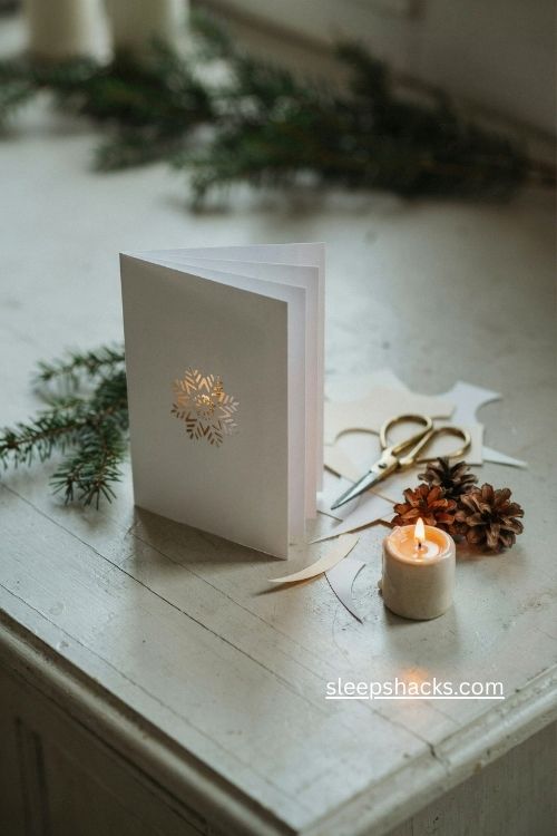 Die cut Christmas cards with white paper and gold snowflake window
