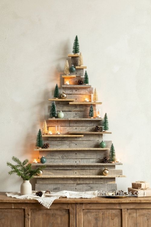 Dimensional stacked pallet wood christmas tree with miniature ornaments and glowing battery operated candles 