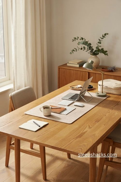 Dining table pop up office setup with a portable laptop stand and hidden desk storage
