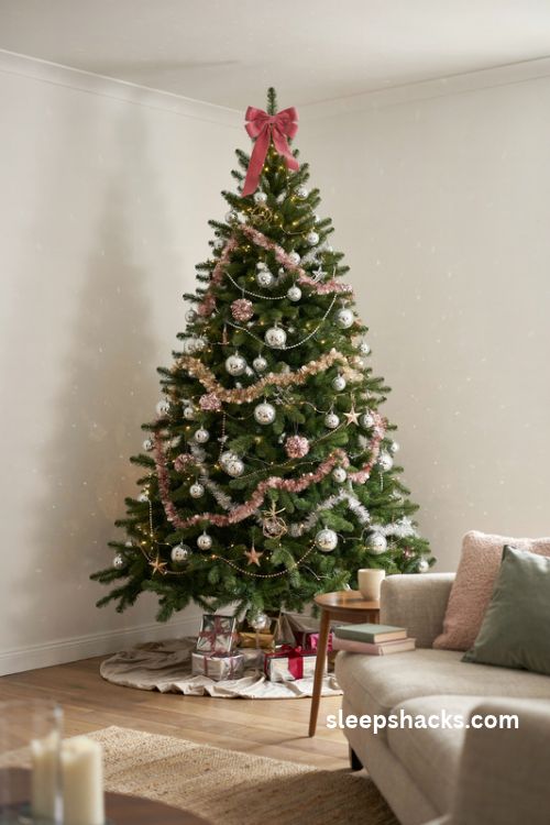 Disco ball Christmas tree with mirrored silver gold and pink ornaments metallic tinsel and sparkling party lights