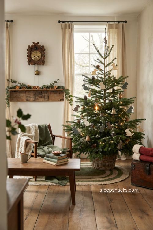 Disney christmas tree with rustic wooden ornaments and cozy family Christmas decor 