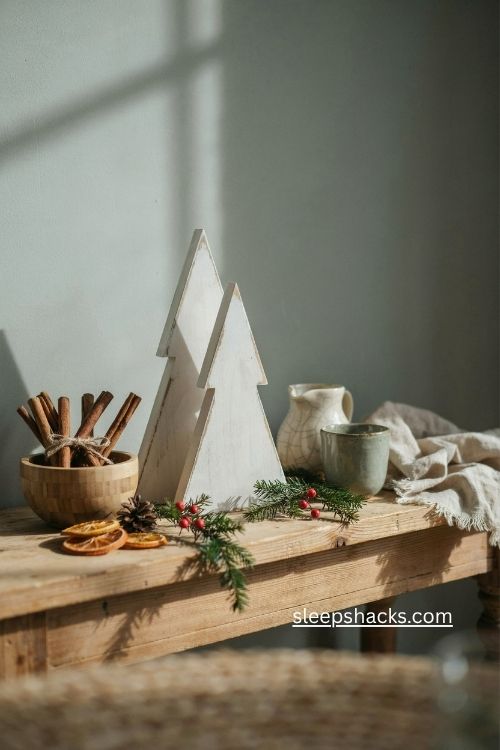 Distressed white farmhouse wooden Christmas trees with warm wood accents
