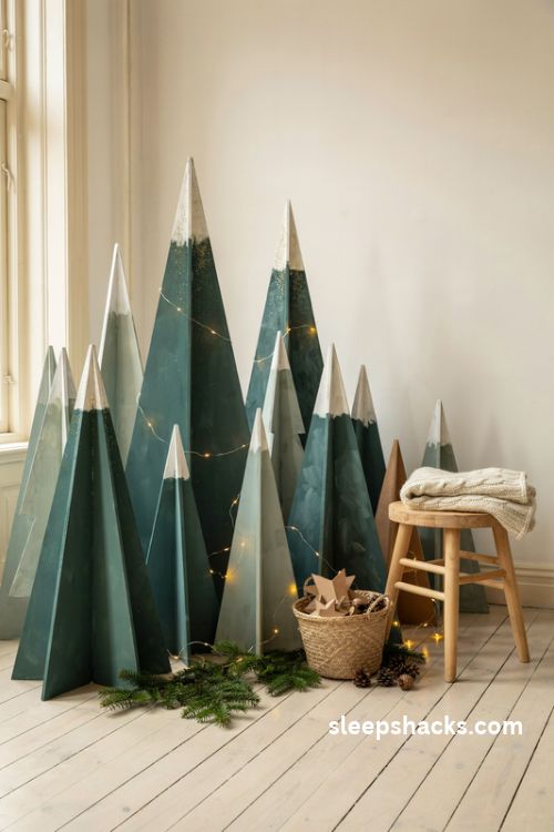 Diy cardboard winter forest christmas backdrop with frosted green trees and warm fairy lights