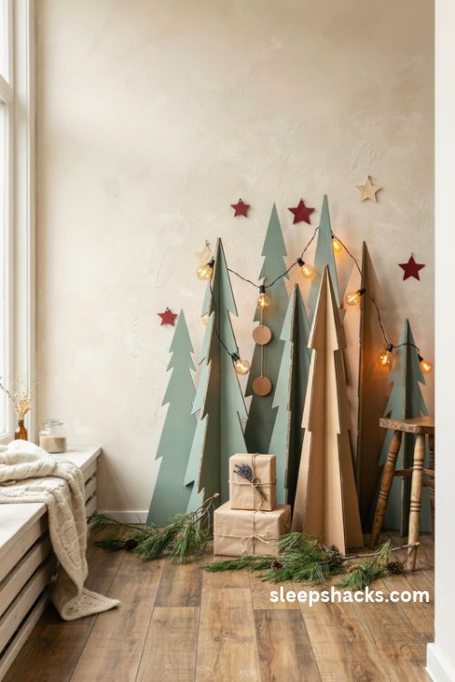 Diy christmas backdrop ideas with handmade cardboard trees and vintage warm lights