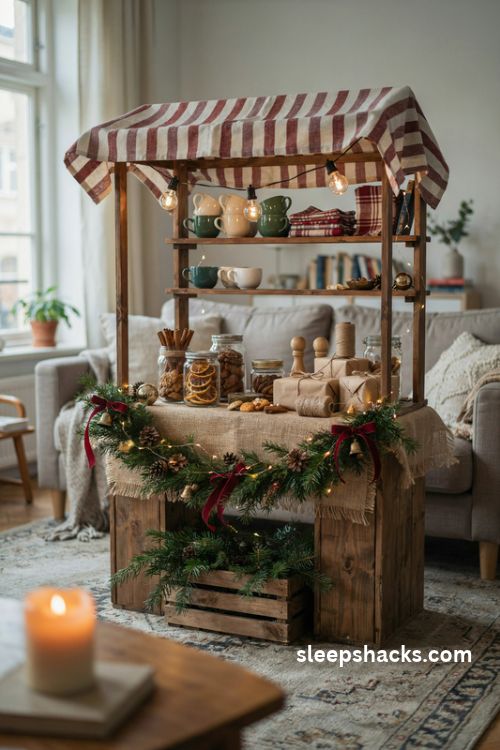 Diy christmas market stall backdrop with rustic wooden crates striped awning and warm fairy lights