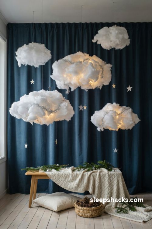 Diy christmas snow cloud backdrop with glowing fluffy clouds and a deep navy night sky