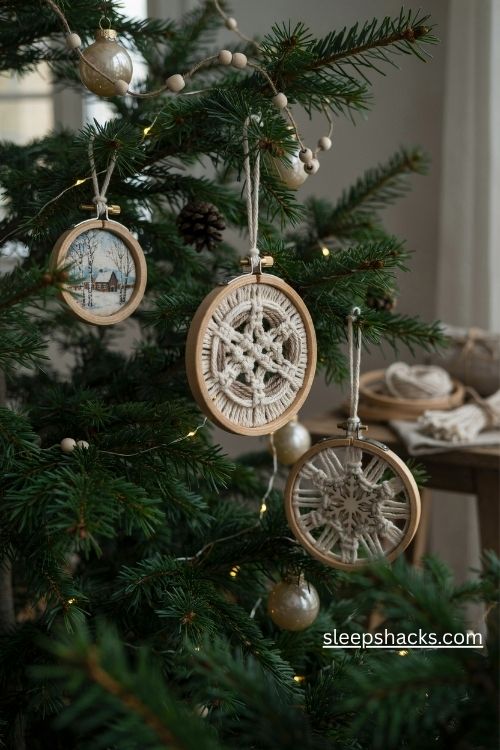Diy embroidery hoop macrame Christmas ornaments with woven cotton designs and natural wooden frames