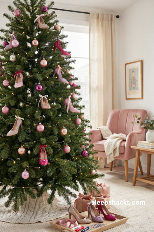 Diy glitter pink high heel christmas ornaments with rhinestone details for a barbie tree