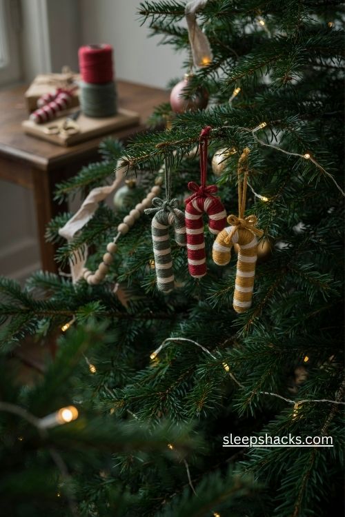 Diy macrame candy cane Christmas ornaments wrapped in red and white cotton cord
