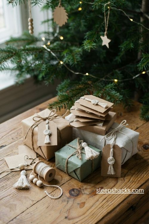 Diy macrame gift tags with kraft paper cotton cord knots and tiny tassels for rustic Christmas presents