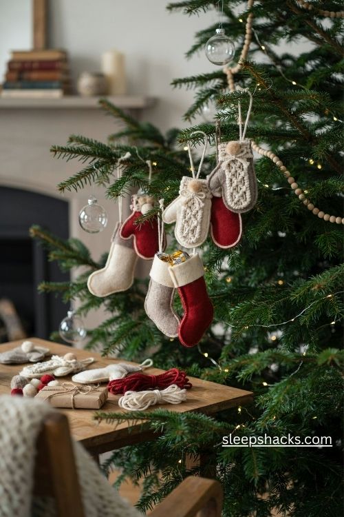 Diy macrame mitten and stocking Christmas ornaments with felt shapes chunky cord borders and tiny surprises