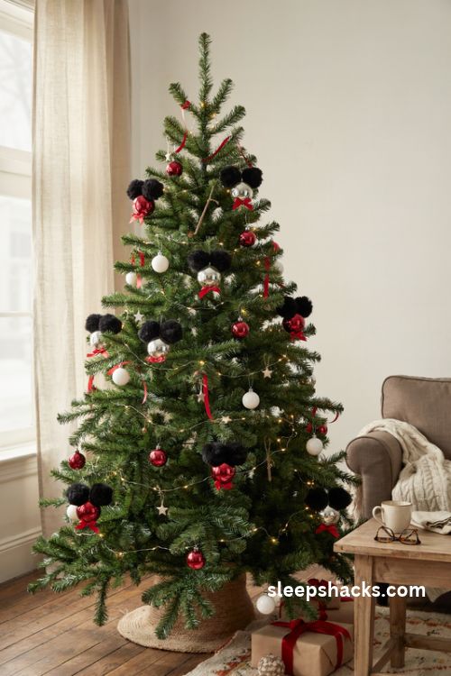 Diy mickey mouse pom pom christmas ornaments with red bows and colorful baubles