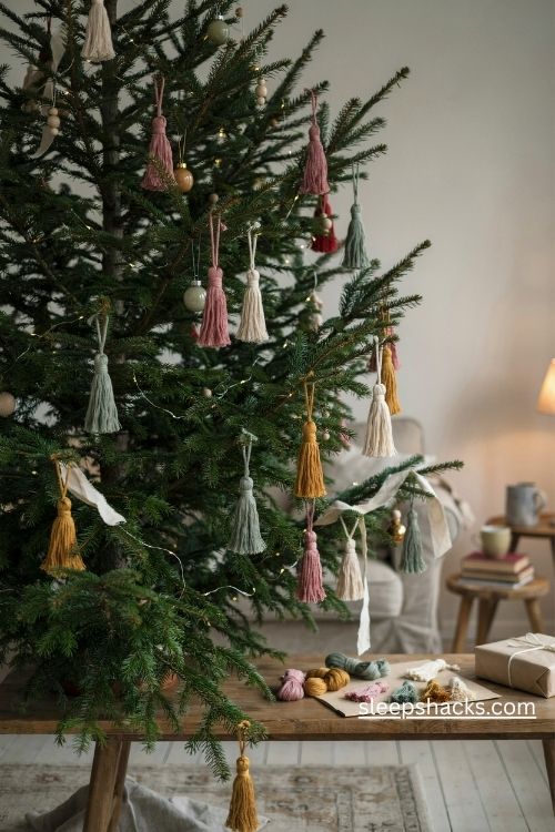 Diy rainbow tassel Christmas ornaments in soft pink sage mustard and cream cotton cord