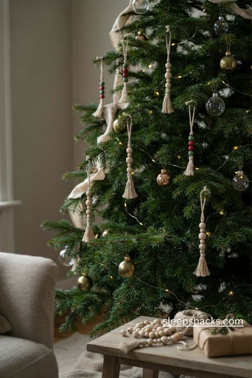 Diy wooden bead and cotton rope drop Christmas ornaments in natural Scandinavian style