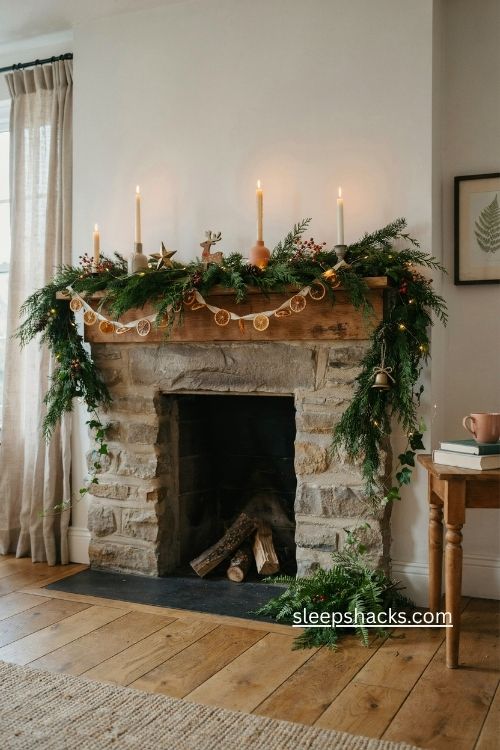 Double Christmas mantel garland with lush greenery ivy juniper and warm lights