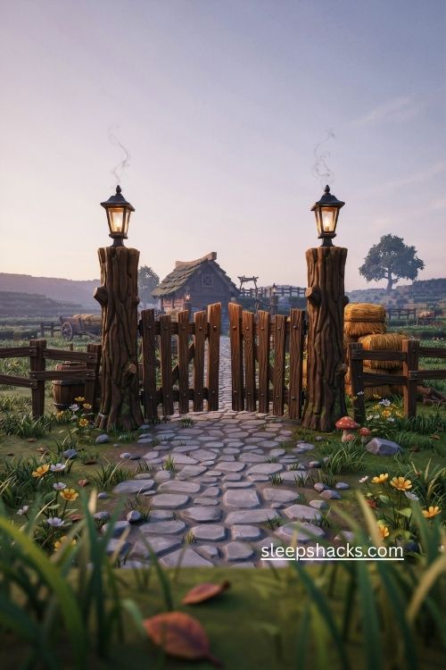 Double fence gate Minecraft farm entrance ideas with lantern posts