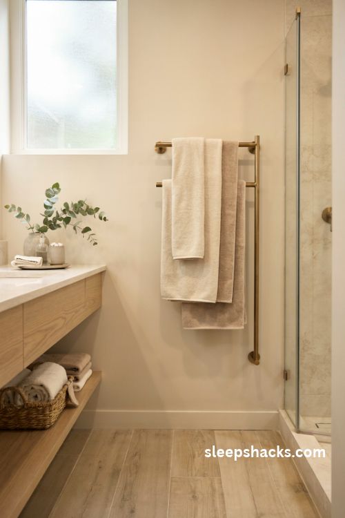 Double towel bar in a modern bathroom with two large ivory and oatmeal bath towels
