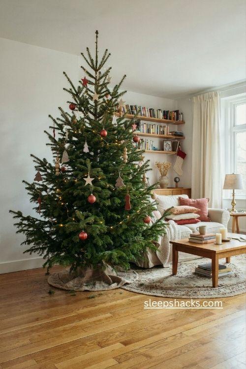 Douglas fir Christmas tree with wooden ornaments and budget friendly cozy holiday decor 