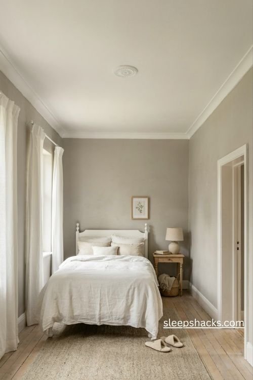 Dove grey bedroom walls with crisp white trim and cozy white bedding