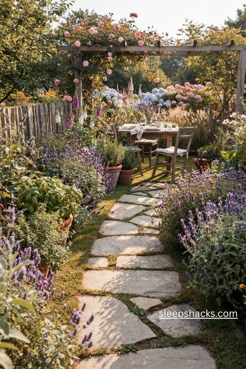 Dream backyard garden with a lavender stone path and climbing roses over an outdoor dining table