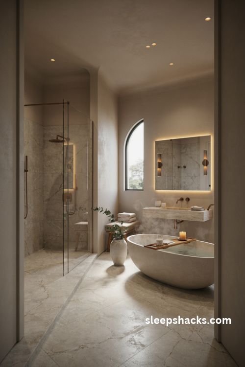 Dream bathroom luxury with a freestanding soaking tub marble floors and warm spa lighting