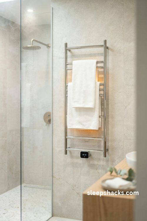 Dream bathroom luxury with a heated towel rack and warm neutral spa decor