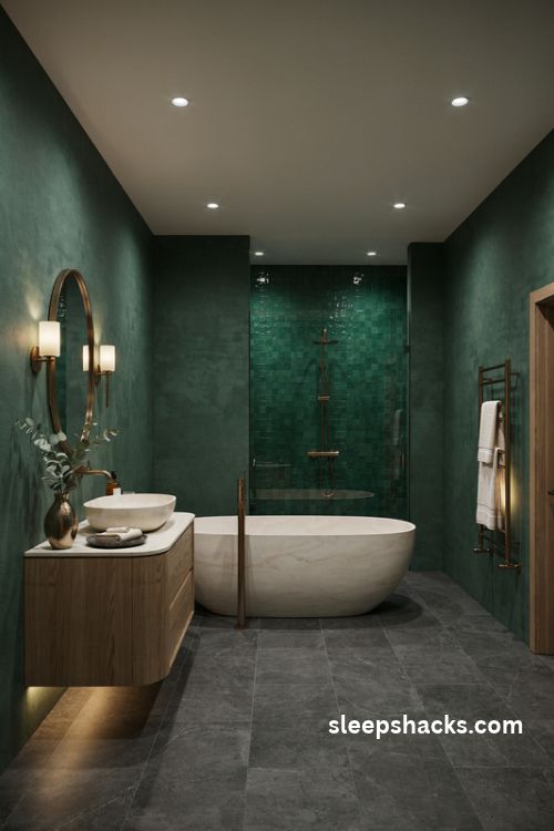 Dream bathroom luxury with dark moody walls brass fixtures and elegant marble accents