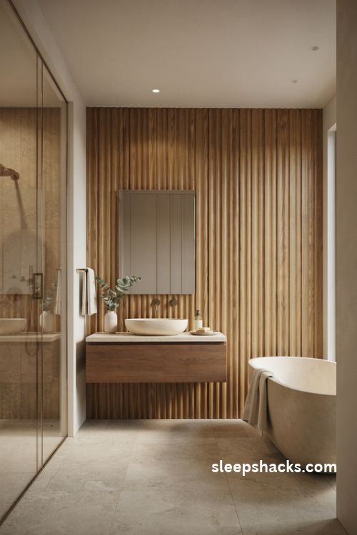 Dream bathroom luxury with fluted wood paneling and warm natural spa decor