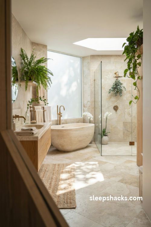 Dream bathroom luxury with natural light green plants and spa inspired decor