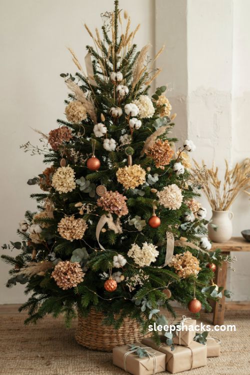 Dried floral Christmas tree decor with wheat stems bunny tails and eucalyptus
