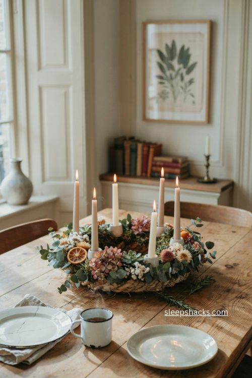Dried flower and eucalyptus christmas advent wreath with candles in soft vintage colors