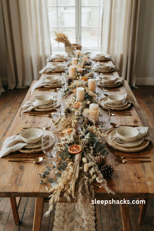 Dried flower and wheat Christmas table runner with eucalyptus dried oranges and rustic farmhouse decor