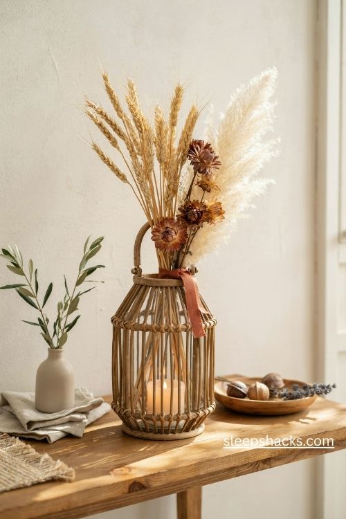 Dried flowers and wheat lantern with pampas grass and rustic autumn decor 