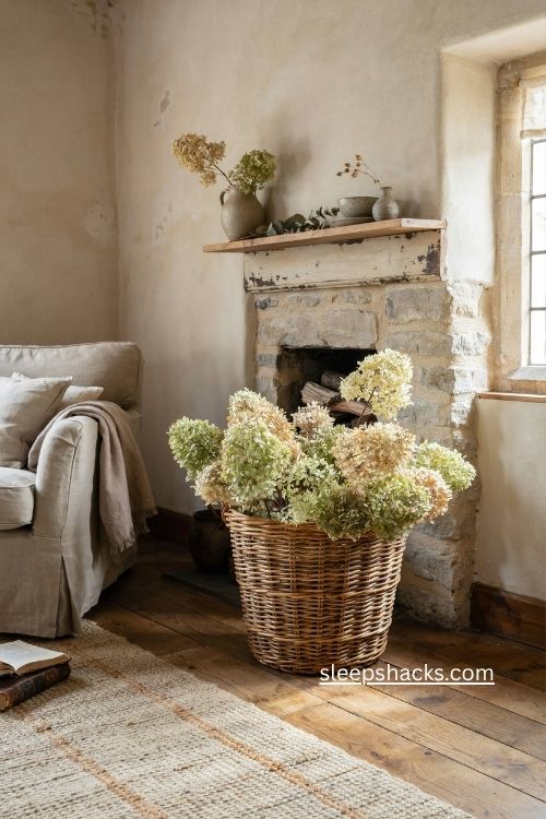 Dried hydrangeas in a vintage wicker basket for fall cottage decor