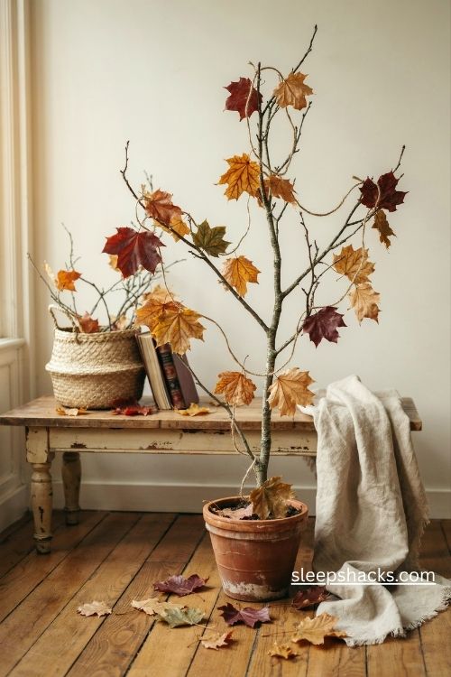 Dried leaf garland draped across a rustic branch tree for fall