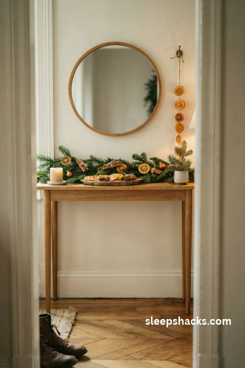 Dried orange Christmas garland with cinnamon sticks cloves and evergreen greenery on a rustic entryway console