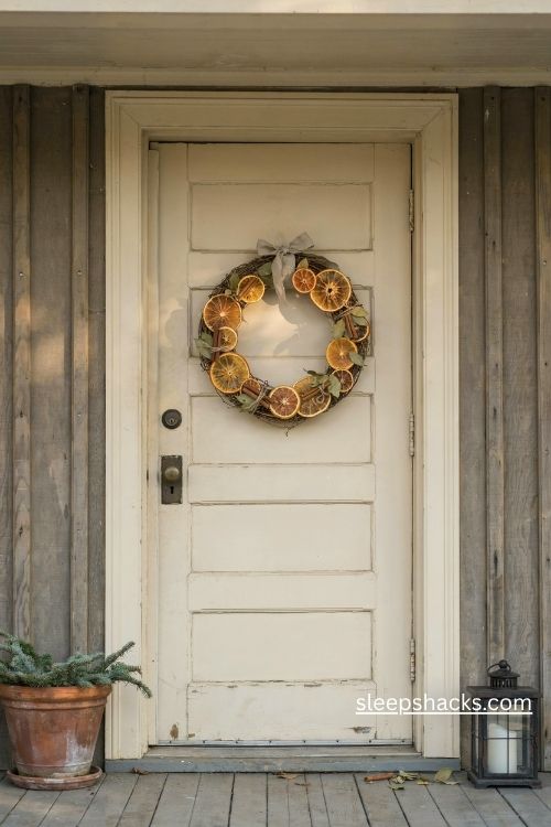 Dried orange and cinnamon Christmas wreath with bay leaves on a rustic farmhouse front door