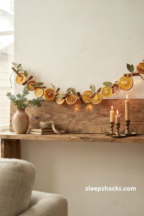 Dried orange and cinnamon christmas garland with bay leaves and rustic mantel decor