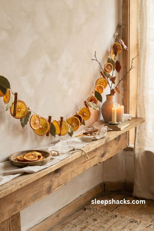 Dried orange and cinnamon garland for a cozy rustic autumn mantel