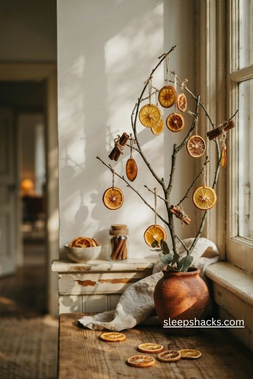 Dried orange and cinnamon ornaments hanging on a rustic fall branch tree