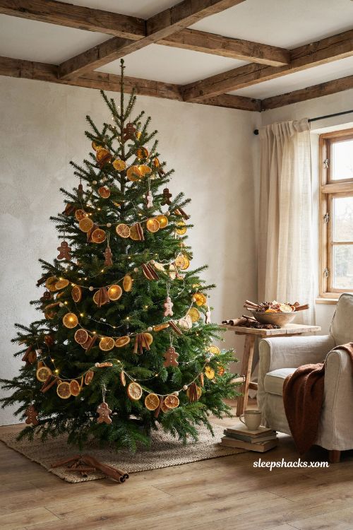 Dried orange and cinnamon stick garland on a rustic gingerbread christmas tree in a cozy living room