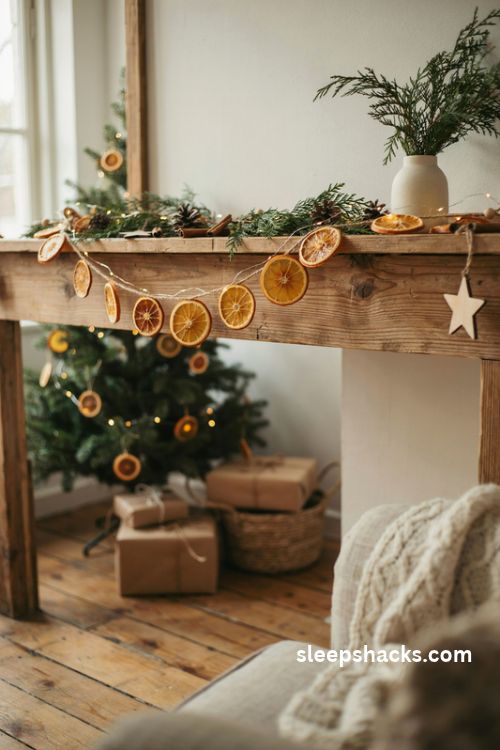 Dried orange slice Christmas garland with cinnamon sticks and natural rustic decor