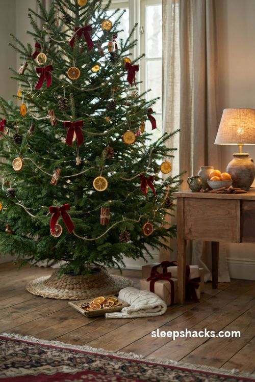 Dried orange slice Christmas tree garland with cinnamon sticks and red velvet bows