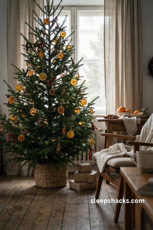 Dried orange slice Christmas tree with cinnamon sticks red ribbons and natural farmhouse decorations