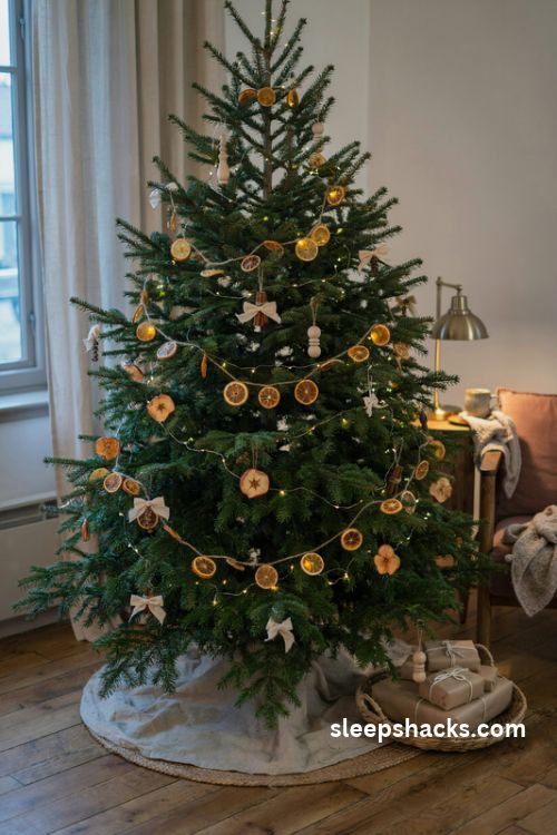 Dried orange slice christmas tree garland with warm white lights and rustic natural ornaments