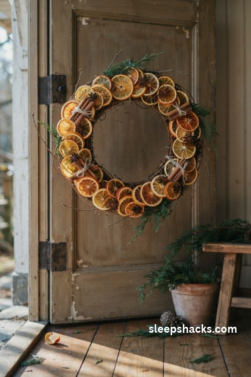 Dried orange slice christmas wreath with cinnamon sticks star anise and cedar on a rustic wooden door